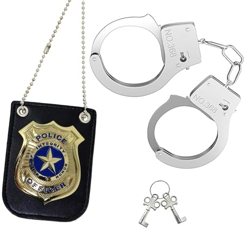 PVFZXS 3 Pcs Handschellen Kinder, Polizei Abzeichen Zubehör Set für Cosplay Polizist Kostüm