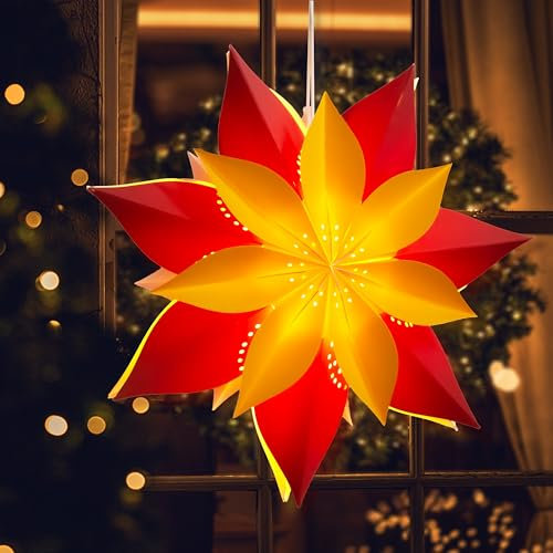 EANLOLY Weihnachtsstern Beleuchtet LED Stern, Weihnachtsdeko Innen Fenster, Papiersterne Zum Aufhängen mit Beleuchtung, Weihnachten Leuchtstern Lichterkette, 45 cm Rot
