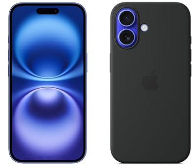 Apple iPhone 16 128GB: 5G Mobile phone with Apple Intelligence - Ultramarine + Silicone Case with MagSafe - Black