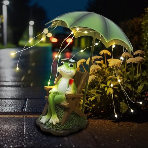 lifemet Solar Frog Statues Decor, Outdoor Ornaments With LED Lights - Frogs Holding Red Wine and Umbrella for Garden, Patio, Balcony, Yard - Mum Birthday Gifts for Women