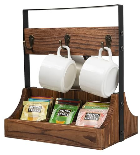 ExoLiry Vintage Brown Wooden Tea Bag Cup Mug Holder Hanging Rack Rustic Torched Wood 6 Compartments Tabletop Counter Organizer Stand Black Metal Hooks Teacups Caddy Drink Coffee Industrial Home Hotel