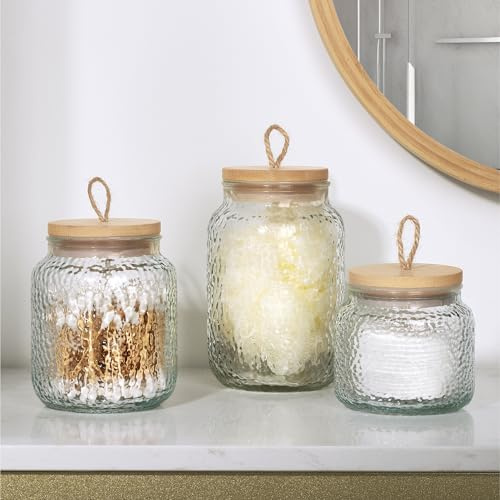 Navaris 3er Set Glasbehälter für Badezimmer - Aufbewahrung Badezimmer - Wattestäbchen Behälter Wattepads Ohrstäbchen Spender - Bad Organizer - Schminktisch Zubehör