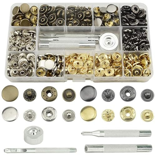 HTTDSLF 120 Stücke Druckknopf Druckknöpfe, Druckknopf Set, Kleidung Snaps, Druckknöpfe Metall, Knöpfe Ohne Nähen, Taste mit Fixierwerkzeug Kit für Leder Handwerk Jacke Brieftasche Handtasche