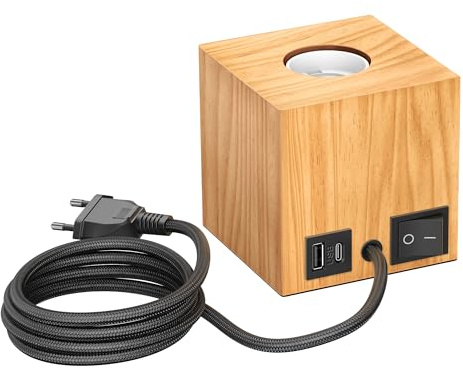 ledscom.de Tischlampe HITO, Schalter, USB, Echtholz (Gummibaum), quadratisch, hellbraun, 1x E27 max. 60W