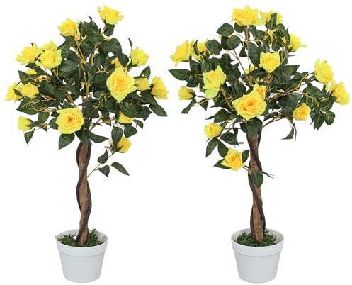 Outsunny Set de 2 Rosas Artificiales 90cm/3FT, Planta Decorativa Falsa con Maceta, Decoración Interior Falsa, Decoración Oficina Hogar, Amarillo