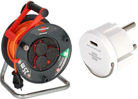 Brennenstuhl Garant V2 IP44 Kabeltrommel 25m outdoor (Made in Germany, 3 Schutzkontakt-Steckdosen, Überhitzungsschutz, kurzfristiger Einsatz im Außenbereich) + Brennenstuhl USB C Steckdosenadapter