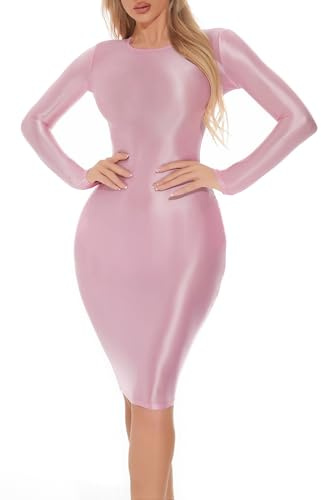 Maeau Ölglänzendes glänzendes Kleid für Damen, glattes Kleid, geöltes Wickelkleid, figurbetontes Minikleid, Nachtclub, Partykleid, lange Ärmel, enge Bleistiftkleider, rose, XL