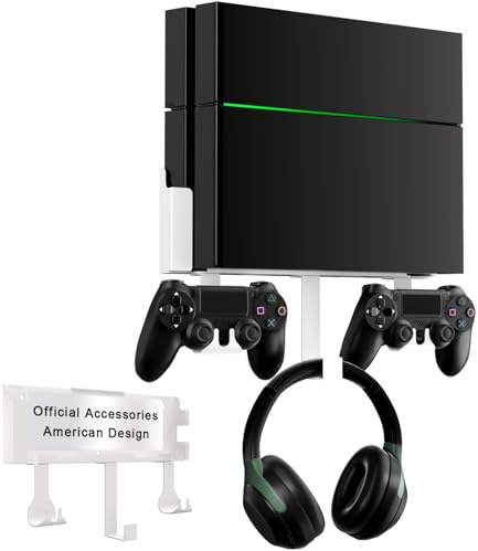 Wall Mount Kit with Detachable 2 Controller Holder & Headphone Hanger, Mount On The Wall Or On The Back Of The TV, Wall Mount Compatible with PS4, White