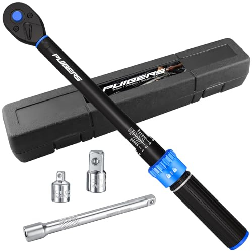 PUIBERS 3/8'' Moto Torque Wrench Set 10-110 FT.LB/13.6-149.2 Nm, 72-Tooth Dual-Direction Adjustable Drive Click Torquimetro, Includes 5 Extension Bar & 1/2/1/4 Adapters for Car/Moto Repair