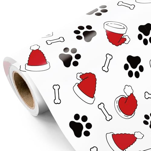 RUSPEPA Hunde-Weihnachtsgeschenkpapier – Mini-Rolle – 43,2cm x 5m – Weihnachtsmütze und Hundepfotenabdruck für Weihnachtsfeiertage und Partys