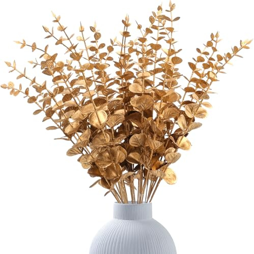 Roellgs Artificial Eucalyptus Stems, Faux Eucalyptus Leaves Stems Fake Eucalyptus Branches for Wedding Bouquet Home Decor (Gold 30pcs)