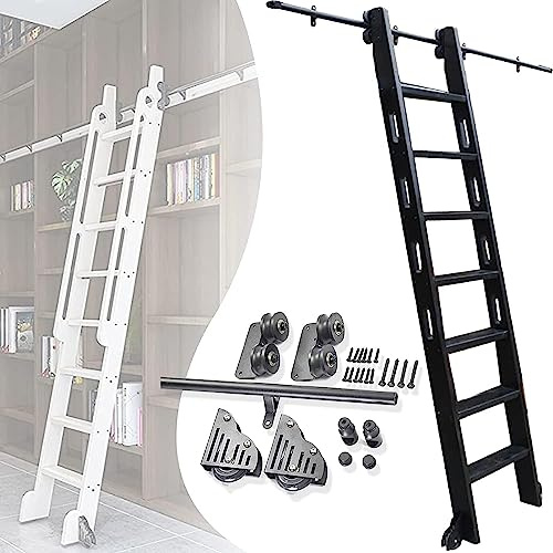 Kit per Scala Scorrevole, libreria di ferramenta per Scale a rotelle, Binario per Scala Mobile in Tubo Tondo in Ferro battuto per casa/Interni/soppalco, con Ruota a rulli per Pavimento + bin