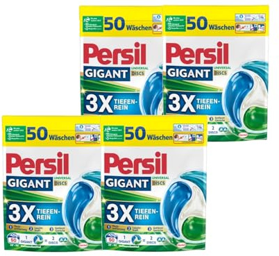 PERSIL Gigant DISCS Universal 4er-Set – Waschmittel mit 3x Tiefenrein-Formel – Vollwaschmittel für strahlend reine Wäsche & hygienische Frische in der Maschine