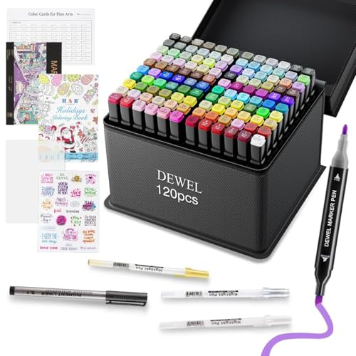 DEWEL feutres à alcool, twinmarkers double pointe à séchage rapide – marqueurs pour coloriage, dessin, croquis et esquisse – avec étui de rangement, accessoires de dessin inclus (120 couleurs)