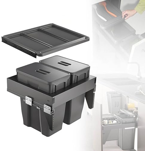 MBBTAG Poubelle Encastrable à 2 Compartiments pour Meuble de Cuisine, Système de Tri Sélectif Sous Évier, Bacs Internes Amovibles, Couvercle Plate pour Ranger les Objets(56x50x46cm(30L+30L))