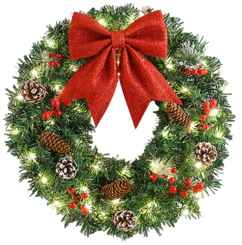 Corona navideña con Luces LED, Corona navideña Colgante de 16 Pulgadas, Colgante, con Arco, piñón y Bayas Rojas para Decoraciones navideñas
