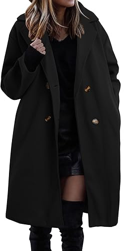 Manteau d'hiver pour femme - Manteau femme - Manteau long hiver élégant - Manteau en laine décontracté - Trench-coat avec col à revers cranté - Caban mi-long - Couleur unie - Manteau femme - Veste