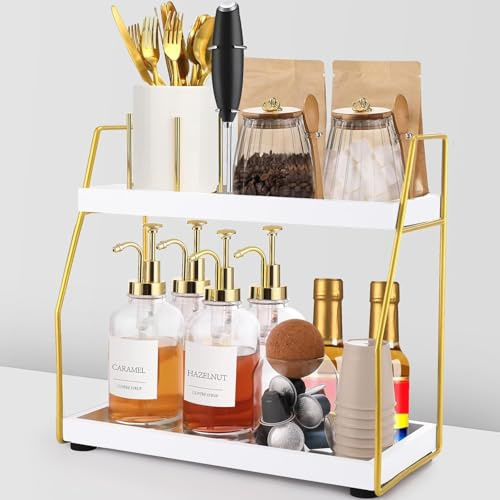 Coffee Station Organizer for Countertop, 2 Tier Coffee Bar Accessories and Organizer, Hot Chocolate Station,Wooden Kitchen Storage & Organisation, Countertop Organiser for Kitchen, Home - White