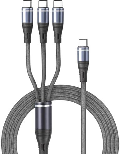 Kioylmo Cable De Carga USB C 3 En 1, Carga Rápida Pd Gris, 1.2 Metros | Cable Multi USB C Trenzado Con 3 Puertos Tipo-C, Compatible Con iPhone 17/16/15 Pro, Galaxy S25/S24, Huawei, Macbook,iPad Pro