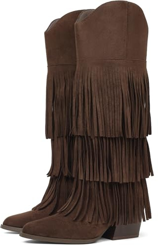 Grakihily Cowgirl Boots for Women Retro Pointed Toe Pull On Block Chunky Heel Fringe Country Concert Outfits Knee High Western Suede and Faux Leather Cowboy Boots