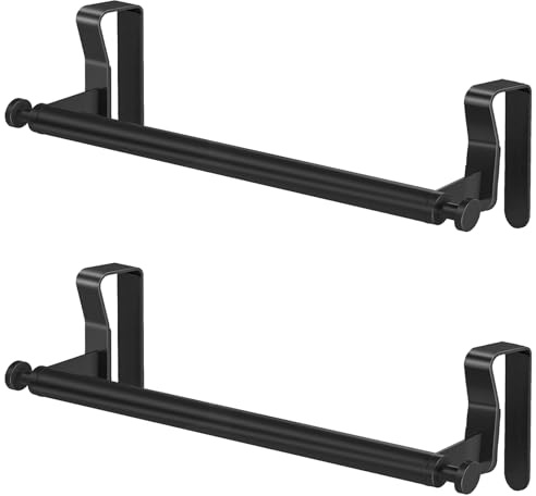 Over Cabinet Towel Holder, Stainless Steel Over The Cabinet Towel Rack Bars for Kitchen Cabinet Doors, Dish Towel Holder with Hooks, 2 Pack (Black)