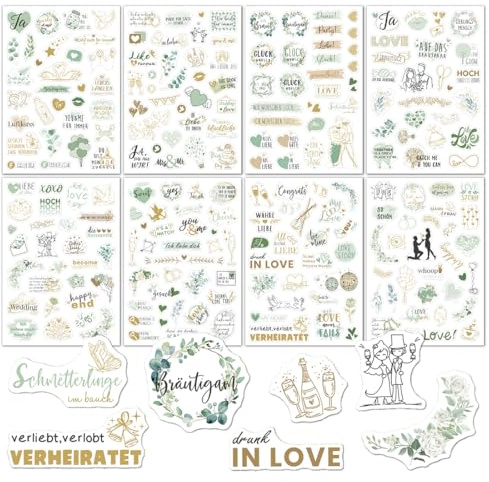 LONZIKP 240 PCS Motive Hochzeit Aufkleber Gästebuch Hochzeit Sticker Fotoalbum Scrapbooking Sticker Vintage Umschlag Einladung Geschenk Etiketten Hochzeitsdeko (Eukalyptus Grün)