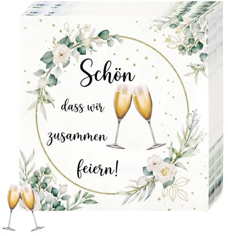 Eukalyptus Servietten Schön Dass Wir Zusammen Feiern,40 Stück Eukalyptus Grün Servietten Hochzeit Geburtstag,3-Lagig Weich Papierservietten Spruch,33 x 33 cm Tischdeko Napkins für Jubiläums Taufe