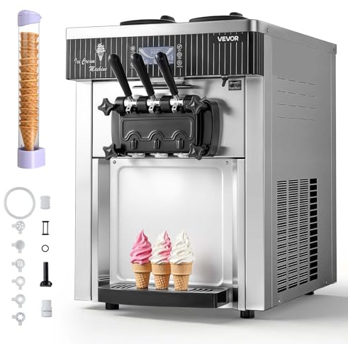 VEVOR Commercial Ice Cream Machine, 20-28L/H Yield, 2200W 3-Flavor Countertop Soft Serve Ice Cream Maker with 2 x 6L Hoppers & Hopper Agitation, Pre-Cooling Self-Cleaning for Snack Dessert Shops
