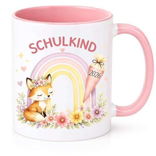 Einschulung Schulanfang - Keramiktasse 325ml für Schulkind 2026 Mädchen, Rosa Tasse mit Fuchs und Regenbogen Design, Ideal Geschenk Einschulung Mädchen, Süße Kindertasse für Schulkind Geschenke