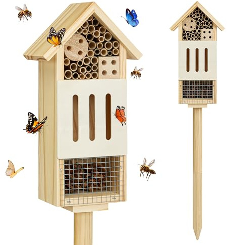 UUMENHA Bee House Bug Hotel & Butterfly House with Stake,Ladybug Hotel | Natural Insect Habitat for Garden, Patio, or Yard, Attracts Pollinators, 10.4 x 5.5 x 3.2 Inches,14 inches Stake