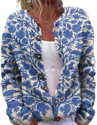 Cardigans for Women UK Warm Casual Long Sleeve Jumper Retro Ethnic Print | Coats Crew Neck Nordic Patterned Front Button Up Cardigan Plus Size Jacket for Autumn and Winter Christmas Jumpers