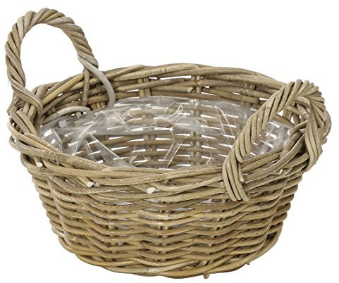 Dehner Rattan Pflanzschale mit Henkel, Ø 26 cm, Höhe 12 cm, Rattangeflecht, grau/braun