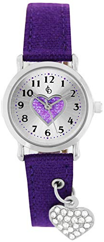 Crystal Blue Mädchen Armbanduhr Prinzessin analog Quarz Textilarmband Herz Anhänger funkelt (violett) 21934