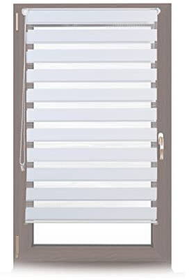 Relaxdays Doppelrollo Klemmfix ohne bohren, Seitenzugrollo mit Streifen, Duo-Rollo für Fenster, Stoff 76x156 cm, weiß