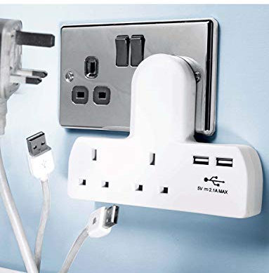 STATUS USB Multi Plug Adapter, Double Port USB Power Adapter White, Double UK Plug Adapter, Cable Free Multi Plug, S2W2USBCFS6