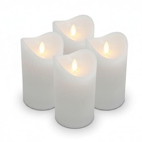 ToCi 4 x LED Kerzen Weiß Ø 7,5 x 10 cm – Echtwachskerzen flammenlos mit beweglicher Flamme & Timer - Stumpenkerzen mit LED-Licht für Advent, Deko, Grablicht, Innenbereich