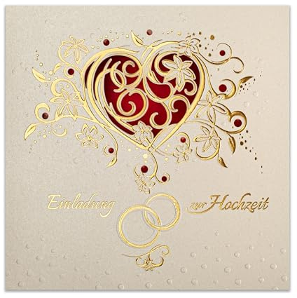 Art Nuvo Hochzeitseinladungen - 20 St. 135x135mm, Mit Bedruckbaren Einlagen Und Um-Schlägen Für Hochzeit – Lasergeschnitten, Mit Goldfolie Veredelt. Gepresstes Muster Auf Metallickpapier, ZAP_DE_05