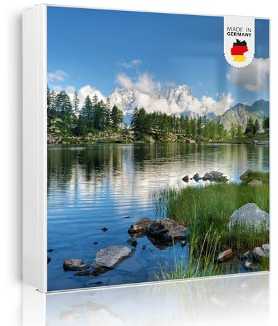 banjado Großer Schlüsselkasten Metall - Schlüsselbox 30x30cm beschreibbarer mit 32 Haken - Schlüsselkasten modern für Schlüsselaufbewahrung - Korpus Weiß Scharnier Links - Motiv Gebirgssee