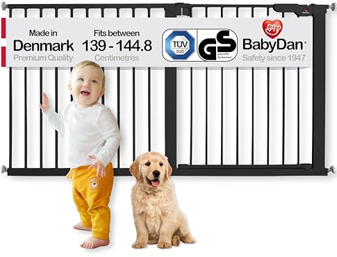 BabyDan Premier, Extra breit Ohne bohren Treppenschutzgitter, 139-144,8 cm, Babygitter/Sicherheitsgitter, Metall, Schwarz, Hergestellt in Dänemark - (Haustiergitter/Hundegitter)