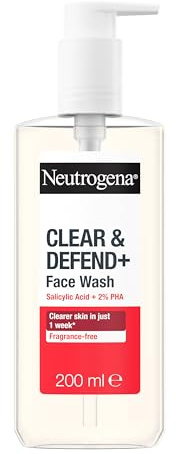 Neutrogena Clear & Defend+ Face Wash (1x 200ml), Purifying Facial Wash for Acne-Prone Skin with Salicylic Acid and AHA/PHA, Fragrance-Free Face for Spot-Prone Skin to Help Prevent Breakouts