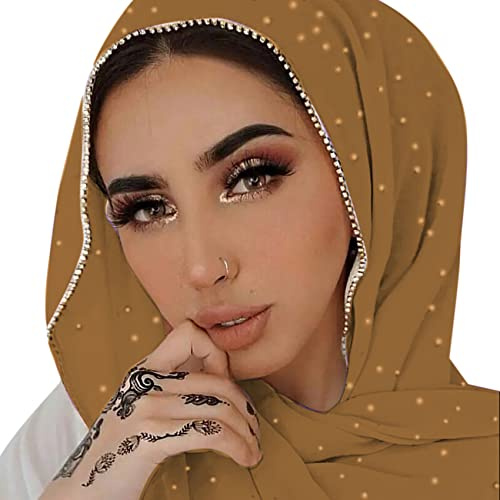 ANKOMINA Bufanda larga de gasa suave con diamantes de imitación para mujer, mantón de moda musulmana Hijab Head Wrap Bufandas, Camel, Talla única