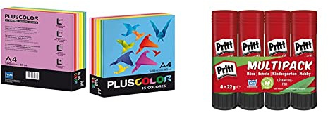 Plus Office Color 002210 – Papier, 500 Blatt, 80 g, 15 Farben, A4 & Pritt Klebestift, sicherer und kinderfreundlicher Kleber für Kunst und Bastelarbeiten, 4x22g Pritt Stift