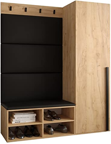 MEBLE KRYSPOL Garderobe MIRO Set 6 mit gepolsterten Paneelen Modern Design (schwarzes Öko-Leder, Eiche Kraft Gold + Schwarz Matt)