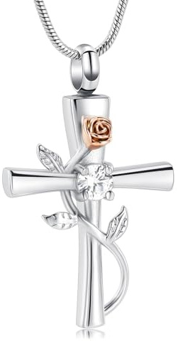 VCCWYQK Collier urne funéraire en forme de croix pour femme avec pierre de naissance et fleur de rose - Bijoux de crémation pour femmes et filles - Pendentif souvenir pour cendres (argent)