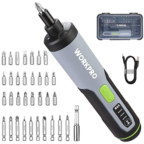 WORKPRO 4V Electric Screwdriver, Rechargeable Cordless Screwdriver Set with 35 Bits, Extension Rod, USB Charging Cable in Carrying Case, LED Light, Black Gray