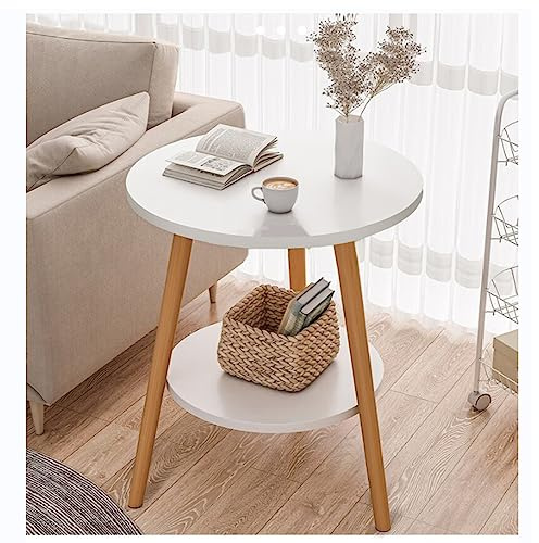 Taotigzu - Mesa auxiliar redonda de 2 niveles, pequeña mesa baja decorativa de madera, mesa de noche, estilo moderno, ideal para salón, balcón, dormitorio, 55 x 38 cm, color blanco