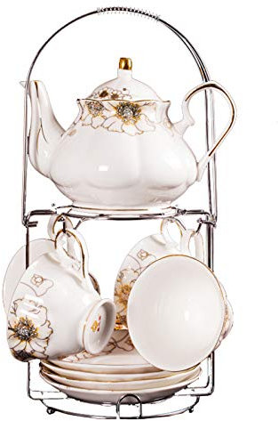 Tasse à thé et soucoupe Coffret cadeau Service à thé européen en céramique Service à café avec support en métal Service de thé de mariage pour adultes avec peinture rose Rose Après-midi Britannique