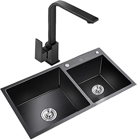 WhfPs Küchen-Doppelwaschbecken, Küchenspüle, Bar, schwarzes Edelstahl-Küchenspülbecken zum Auf- oder Unterbau, mit Wasserhahn und Abfluss mit Sieben Positionen (Farbe: Schwarz, Größe: 80 x 45 x 21