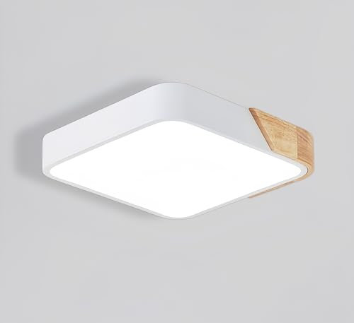 LEDUNI Plafón LED Techo 24W con Mando a distancia, Regulable 2700K-6500K blanco frío a cálido 2400LM, Diseño Blanco con Madera Natural,wood para Salon, habitacion (Cuadrado)