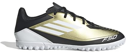 adidas Unisex F50 Club Messi Football Boots Turf, Gold/Footwear White/Carbon Black, 43 1/3 EU